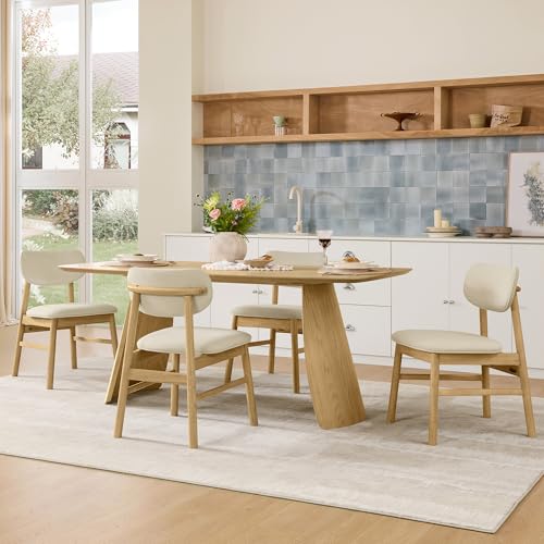 Image of CHITA 71 inch Modern Dining Table for 6, Rectangle Wood Kitchen & Dining Room Table, Solid Rubberwood Frame, Bentwood Legs, Oak Venner
