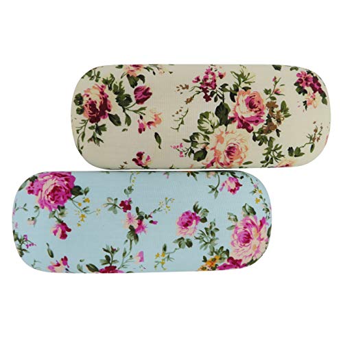 Dodoga 2 Pieces Spectacle Case Portable Hard Shell Eyeglasses Case Floral Flower Fabric Covered Clam Shell Style Eyeglass Case Spectacles Box Eyewear Protector Box for Kids, Women, Girls Blue & White