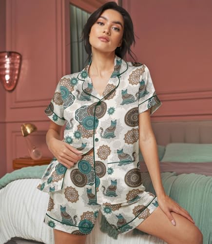 Image of HUNTFAMI Womens Soft Silky Satin Pajamas Set, 2 Pcs Sleep Short Pajamas for Mom and Grandma Button Down Summer Loungewear