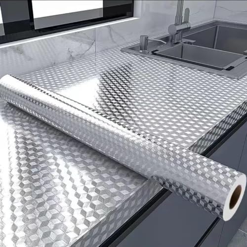 Image of SIA VENDORS Kitchen Waterproof Oil Proof Aluminum Foil Sticker, Silver Chequer Peel and Stick Wallpaper Removable and Self Adhesive Paper for Kitchen Countertops Cabinet (3D Silver, 24 x 100 Inch)