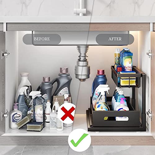 image for Koqina 2 Tier Under Sink Organiser, Sliding Cabinet Drawer Storage wit