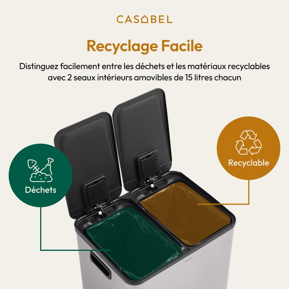 CASABEL Poubelle Cuisine Double 2x15L en Acier Inoxydable, Chrome | Double compartiment, Tri sélectif, 2 pédales, Anti-traces de doigts, Couvercles hermétiques, Bacs amovibles, Entretien facile