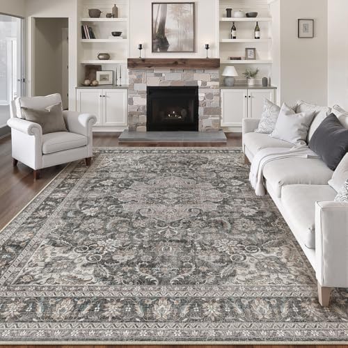 8x10 Washable Black Grey Vintage Area Rug for Living Room Bedroom Large Traditional Low Pile Carpet Non-Slip Retro Distressed Accent Vacuumable Throw Rug for Dining Room Indoor
