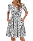 AUSELILY Damen Kurzarm Sommerkleider Knielange Kleider Empire Stil Freizeitkleid Kurze Strandkleider Rüschensaum Minikleid mit Taschen Schwarze Weiße Blume M