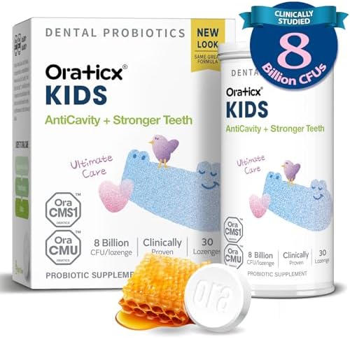 OraTicx Kids Dental Probiotics for Anti-Cavity + Healthy Teeth and Gums, 8 Billion CFU Probiotics for Oral Health, Yogurt Flavor 1-PK