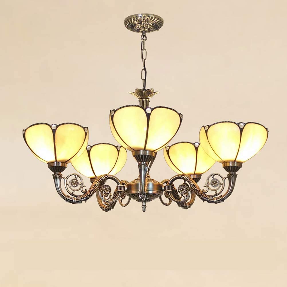 YNIYUJKL Simple Retro Style Chandelier, Tiffany-Style Stained Glass Multi-Arm Ceiling Light Fixture Pendant Light For Dining Room Villas Bedroom Livingroom,E27,5Arms