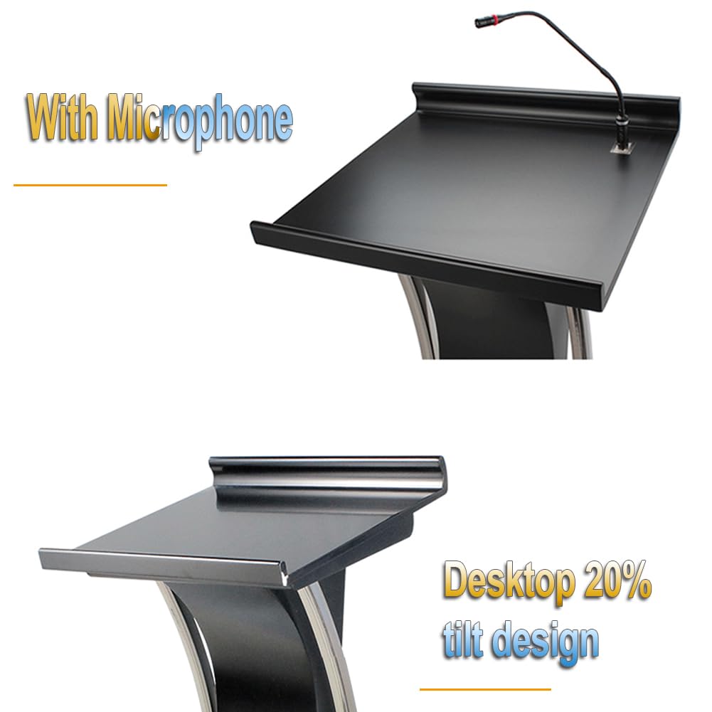 Pupitre Discours avec Micro, Bureau Debout sur Podium Pupitre de Salle de Classe pour Conférence Auditorium Séminaire École Cours, 54x57x120cm Black
