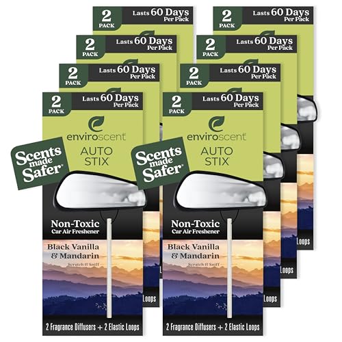 Image of Enviroscent Non-Toxic* Car Air Freshener Auto Stix - Scents Made Safer - Enjoy Fragrance Lasts Up to 480 Days - Includes Auto Stix Diffusers & Elastic Loops - Black Vanilla & Mandarin (Pack of 8)