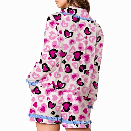 Image of Tenopuli Women Silk Satin Pajama Set Heart Print Bow Tie Long Sleeve Top Shorts Sleepwear Cute 2 Piece Loungewear