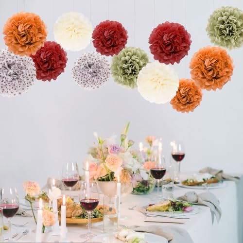 Image of BestoFun 16 PCS Fall Party Decorations Pumpkin Orange Sage Green Tissue Pom Poms Paper Flower Dots for Wedding Decorations Thanksgiving, Baby Shower, Autumn Harvest Party Supplies