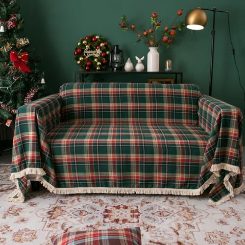 Highdi Christmas Sofa Throws Blanket, Xmas Classic Plaid Large Throw Blanket with Tassels for 1/2/3/4 Seater, Sofa Slipcover for Living Room Chair Settees Bed Armchair (Green,180x340cm)