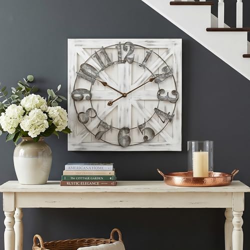 MICWIC 24 Inch Large Farmhouse Wall Clock, Rustic White Distressed Wood Frame with X Brace Barn