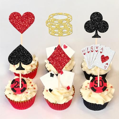24 PCS Casino Poker Theme Cupcake Toppers Glitter Poker Game Chips Player Las Vegas Casino Cupcake Picks for Las Vegas Casino Night Poker Theme Birthday Party Cake Decorations Supplies by ZHUOWEISM - Used condition - Image 4