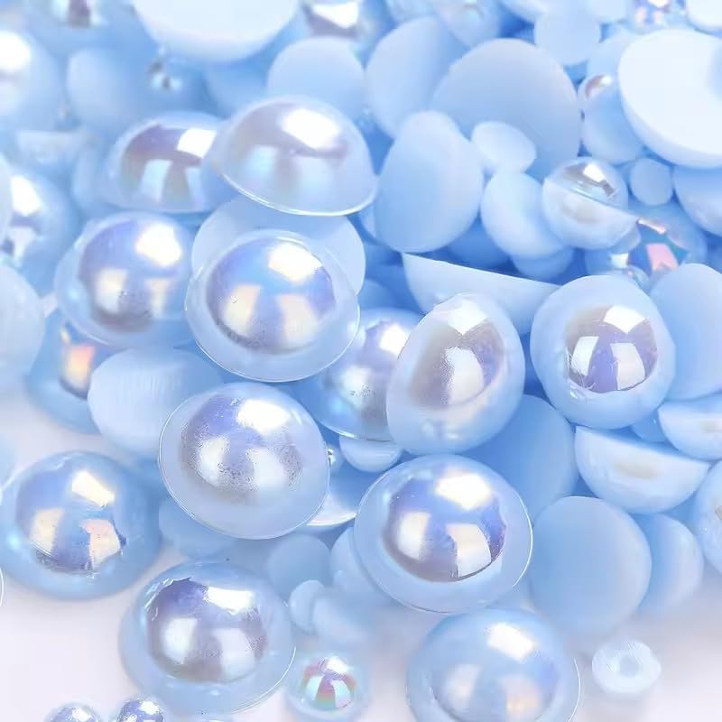 1000PCS Mixed Sizes 3/4/5/6/8/10mm Flatback Half Round Pearls Gems for Crafting, AB Color Pearl Beads Stones for Crafts Jewelry Clothes Shoes Dress Nail Art Making Embellishments (Light Blue AB)