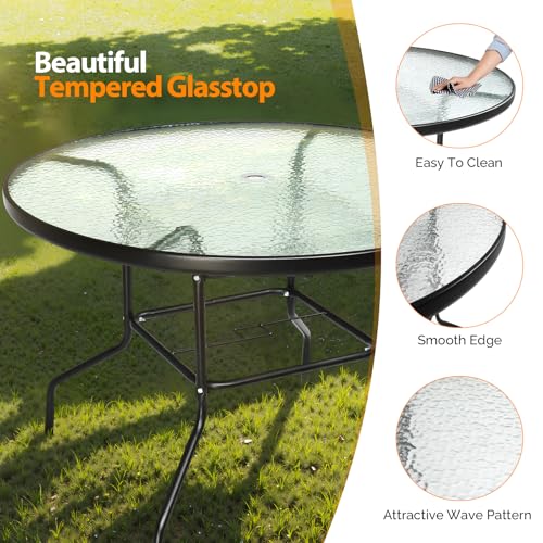 Image of VINGLI 40'' Outdoor Dining Table with Umbrella Hole, All Weather Round Patio Table, Waterwave Tempered Glass Top and Metal Frame, for Garden Porch Balcony Yard