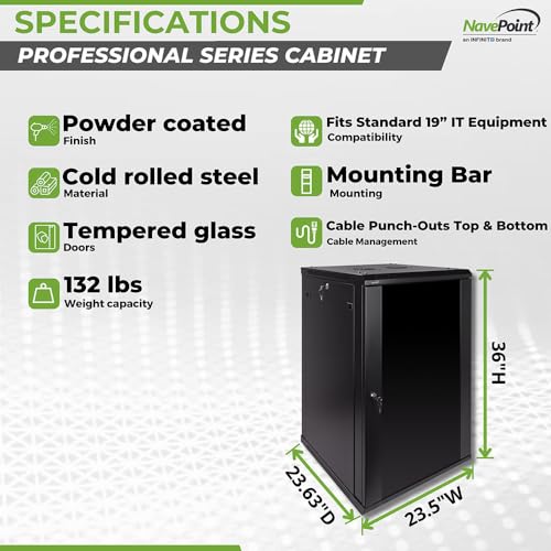 Image of NavePoint 18U Server Rack Enclosure - 23.6 inch Deep, Wall Mount Network Cabinet with Locking Glass Door for 19 inch IT Equipment, Network Rack with 2 Fans, Removable Side Panels, Black