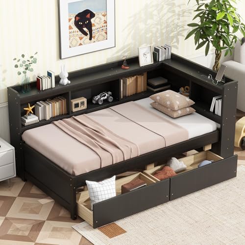 DNChuan Twin Size Bed with Storage Drawers and USB-Ports,Corner Daybed with L-Shaped Bookcase Headboard,Captains Platform Frame,No Box Spring Needed,Kids,Adults,Boys,Espresso