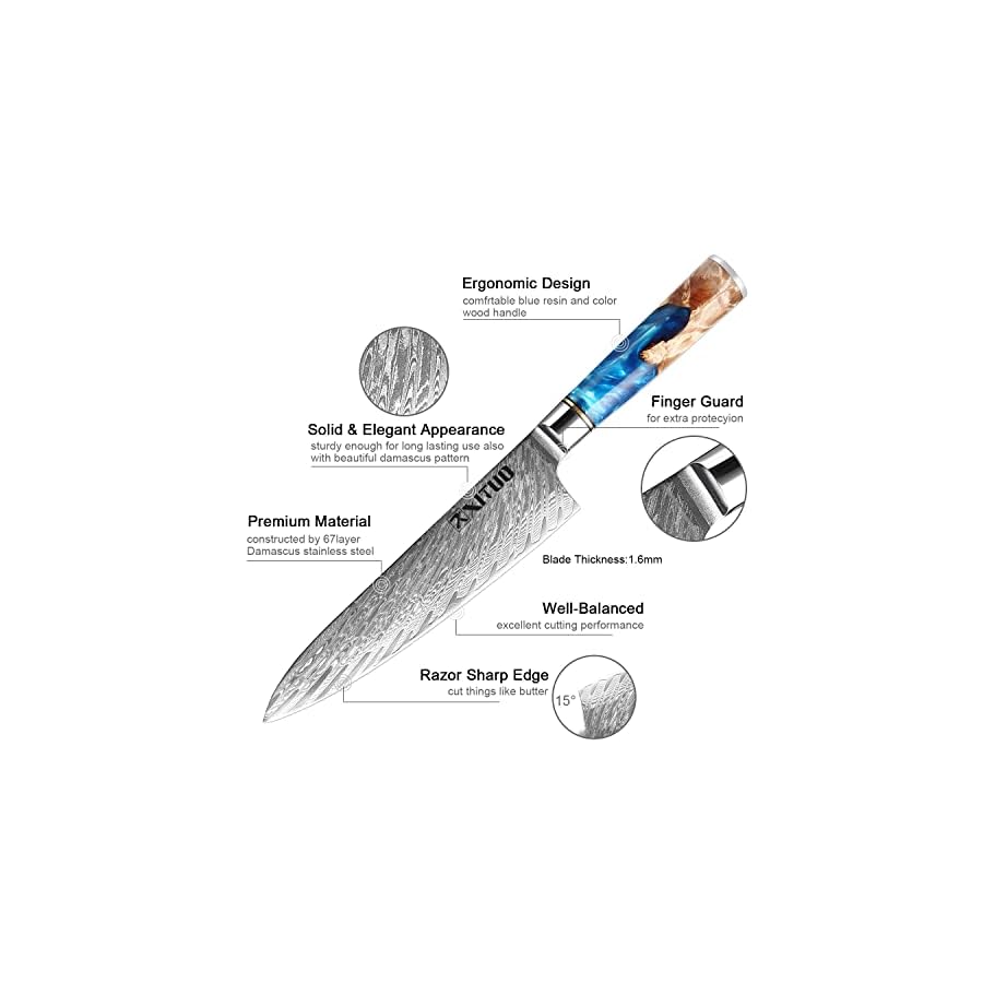 Kitchen-Chef-Knife-Set-5-Piece-8-Chef-Knife-75-Bread-Knife-7Santoku-knife-Damascus-Steel-VG10-Blue-Resin-Wood-Handle-Gift-Box-wknife-Sheath-4PC-Chef-Knife-Set XT XITUO Kitchen Chef Knife Set 5 Piece, 8'' Chef Knife, 7.5'' Bread Knife, 7''Santoku knife Damascus Steel-VG10 Blue Resin Wood Handle -Gift Box - w/knife Sheath (4PC Chef Knife Set)