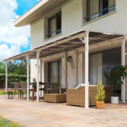 MEISSALIVVE 8' x 16' Gazebo, Wall Mounted Gazebo, Lean to Metal Awnings Gazebos with Sloped Roof, Outdoor Patio Awning for Backyard, Deck, White