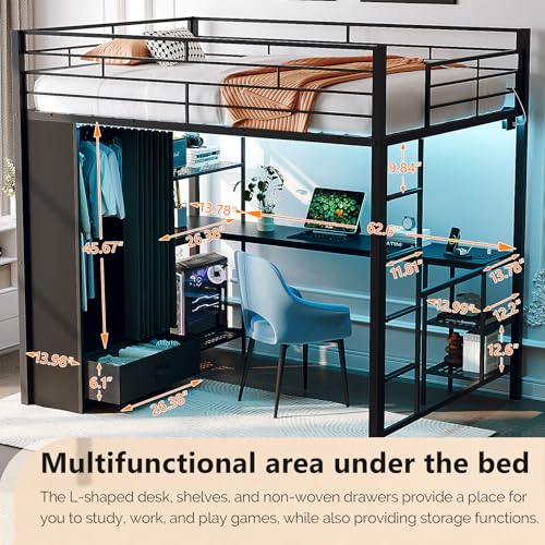 Image of VINGLI Full Loft Bed 15 Inch Extra Tall Safety Guardrail, Wardrobe with Curtain, and Flat Rungs, LED High Double Sleeper with 2 Charging Stations, Desk and Drawer, Heavy Duty Space Saving Bed, Black