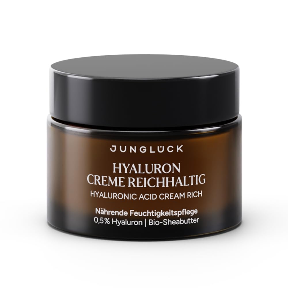 JUNGLÜCK Hyaluron Creme Hochdosiert Gesicht Reichhaltig - Anti Aging Feuchtigkeitscreme mit Hyaluronsäure - Tages- & Nachtcreme mit BIO Aloe Vera und BIO Shea Butter - Spendet intensiv Feuchtigkeit