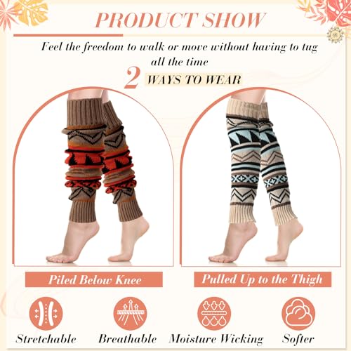Image of 4 Pairs Boho Knit Leg Warmers for Women, Thick Boot Cuffs, Footless Long Bohemian Winter Leg Warmers for Girl, 2 Colors