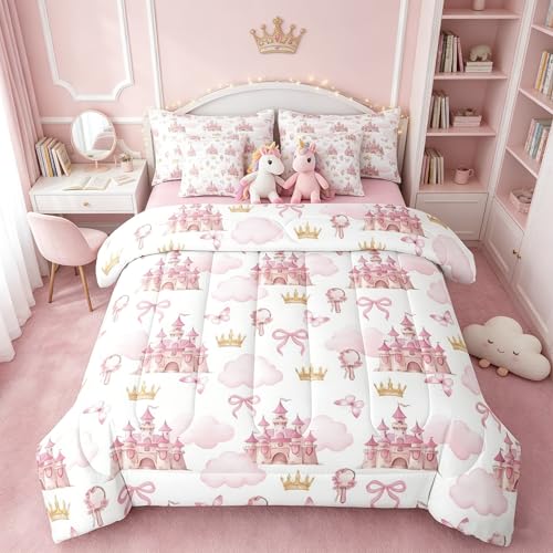 Erosebridal Cute Pink Castle Bedding Set Twin Kids Bowknot Comforter Set 7 Piece Dreamy Fairytale Princess Bed in A Bag for Kids Girls Kawaii Sweet Style Quilt with Flat Fitted Sheet