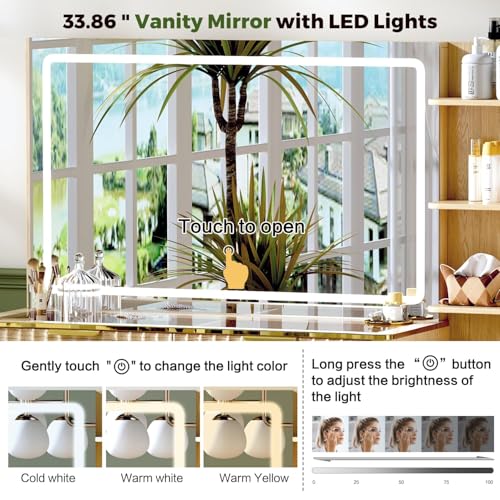 Image of 51 inch Vanity Desk with Power Outlet, Makeup Vanity with Mirror and Lights, 3 Lighting Modes, Vanity Table with Glass Top, 5 Drawers, and Jewelry Storage,Oak-01