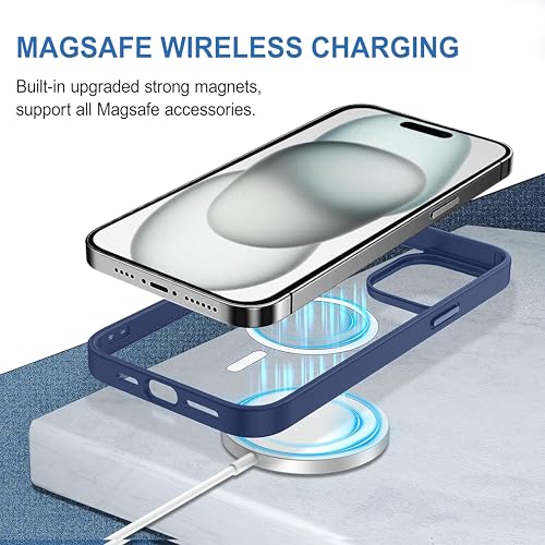 Image of CEDO Cover for iPhone 15 | Compatible with MagSafe Wireless Charging | Designed with Magnetic Lock Shockproof Phone Bumper Transparent Back Case Cover (Navy Blue)