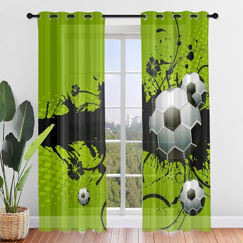 FANSU Lot de 2 Rideau Voile Rideau Voilage Imprimé Foot Ball, Translucides Rideaux pour Salon Coucher Voilage Fenetre Moderne Panneaux de Rideaux Intérieurs...