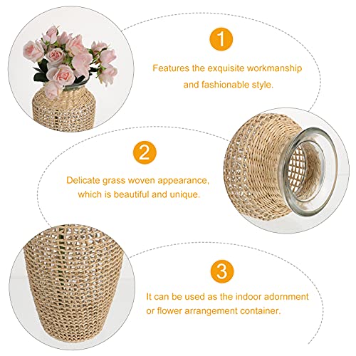 Glass Flower Vase with Rattan Cover Round Flower Bud Vase Decorative Floral Vase Container Farmhouse Flower Bottle for Floral Arrangements Wedding Table Centerpiece Decor - Image 5