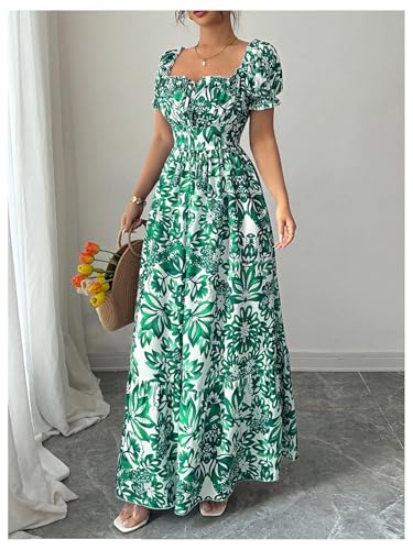 Image of Floerns Women's Floral Short Puff Sleeve Milkmaid Dress Boho A Line Long Dresses