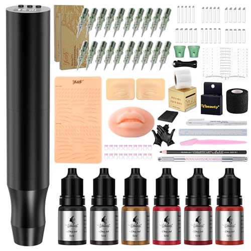YBEAUTY Beginners Microblading Tattoo Gun Kit Professional Cordless Tattoo Pen & Eyebrow Pencil Set for Makeup Supplies 1400mAh Semi-Permanent Eyebrow Tattoo Machine with 50Pcs Needles (Black)