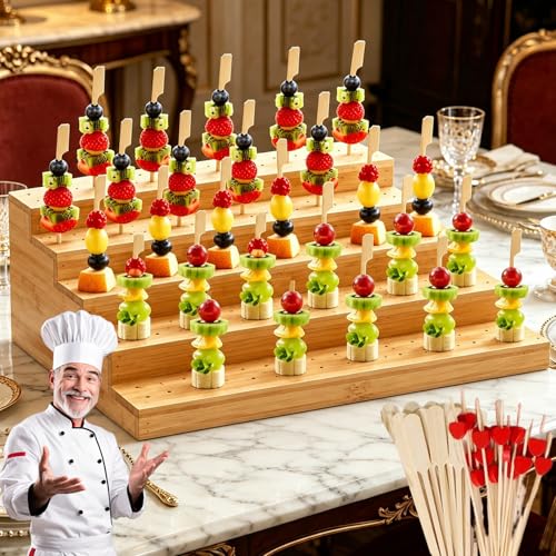 Bamboo Skewer Holder with 100 Heart-Shaped Skewers 5/6-Tier Skewer Holder Food Display 150/180 Holes Fruit Kabobs Cocktail Pick Stand for Appetizers Cocktail Parties Picnic (5-Tier 150 Holes)