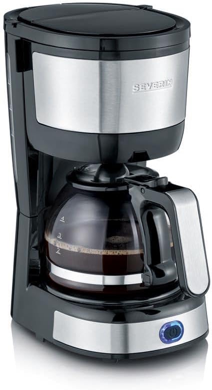 SEVERIN Cafetière filtre, 750W, Jusqu'à 4 tasses, filtre permanent lavable, porte filtre amovible, Plaque chauffante, Inox/Noir, KA 4808