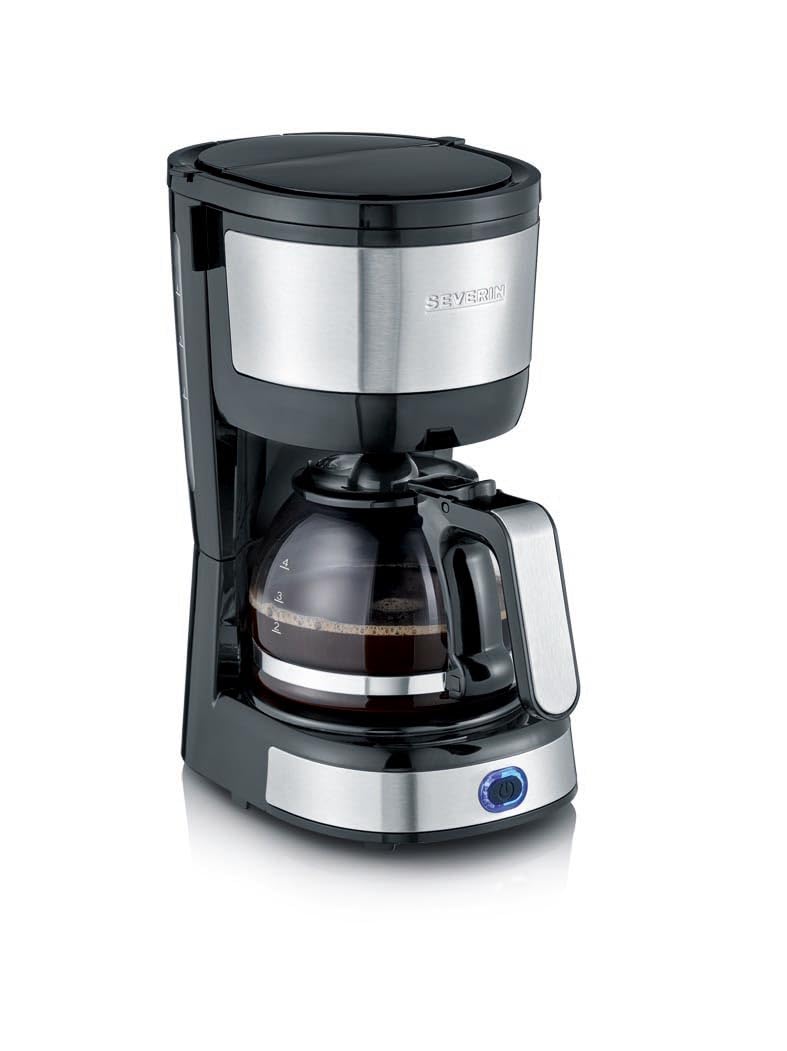 SEVERIN Cafetière filtre, 750W, Jusqu'à 4 tasses, filtre permanent lavable, porte filtre amovible, Plaque chauffante, Inox/​Noir, KA 4808