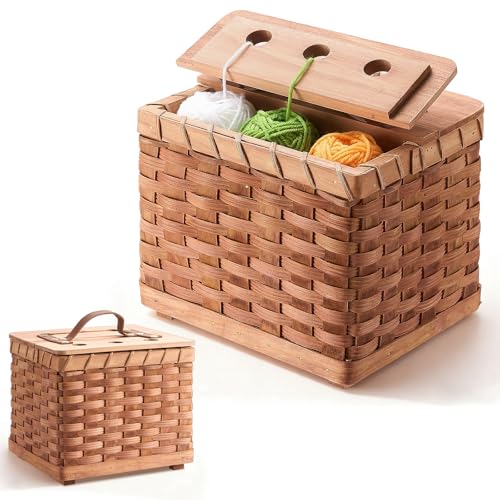 BrightRow Bamboo Crochet Bag Organizer 8.7 x 7.5 x 7 in Wooden Woven Yarn Storage Basket for Knitting & Crochet Supplies Portable Yarn Holder for Skeins Hooks & Needles Natural Wood Color