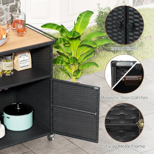 Image of Tangkula Rattan Outdoor Storage Cabinet with 4 Wheels, Black