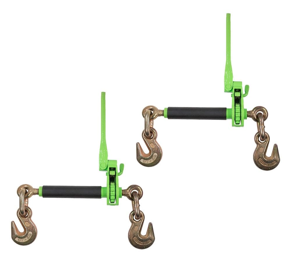 Mytee Products 2 Pack 1/2" - 5/8" Hi-Viz Green Heavy Duty Folding Handle Ratchet Load Binder w/Grab Hook 18,100 lbs WLL | Tie Down Hauling Chain Binders for Flatbed Truck Trailer