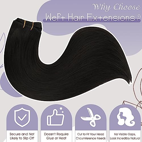 Image of Full Shine Sew In Hair Extensions Real Human Hair, Off Black 105G 16 Inch | Soft Real Hair Weft Extensions, Long Hair Length Enhancement, Natural Movement, Date Night, Event Styling