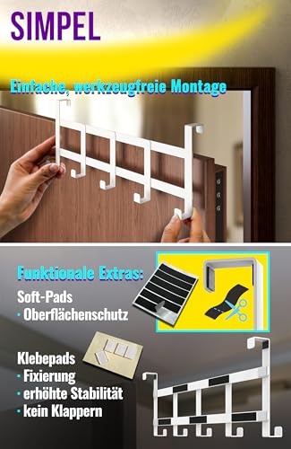 4happy Türgarderobe zum Einhängen - Türhaken für die ganze Wohnung, Standard Kleiderhaken Tür, stabile Türhakenleiste, rostfreie Haken zum Einhängen, Weiß