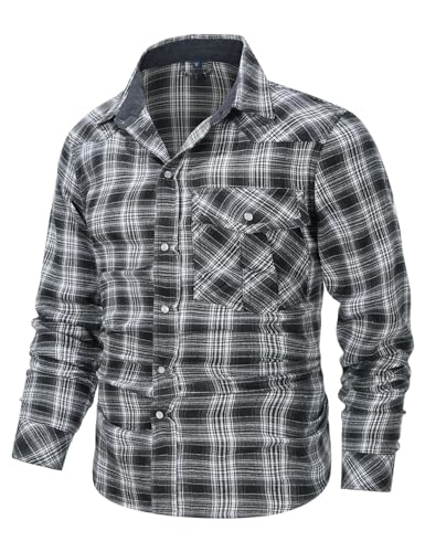 Flygo Men's Flannel Shirts Pearl Snap Long Sleeve Checkered Western Cowboy Brushed Plaid Regular Fit Shirt2