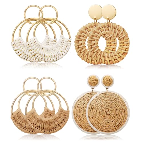 Pendientes de Ratán Bohemios - 4 Pares Aretes Colgantes Retro Ligeros para Playa, Mujer y Niñas