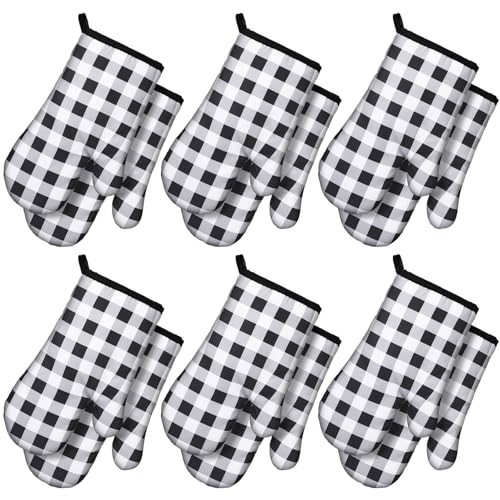Tatuo Lot de 6 paires de gants de cuisine à carreaux résistants à la chaleur - Style vintage rétro - Très épais - 27,9 cm (noir et blanc)