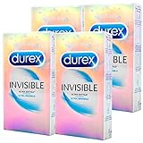 Durex Invisible Ultra Delgado y Sensible - 4 Paquetes - Son muy finos en comparación con otros preservativos de látex Durex. Están fabricados en goma natural transparente, de forma clásica con depósito final
