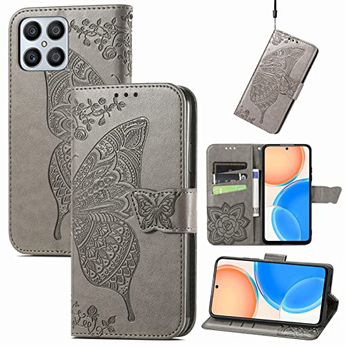 JIUNINE Funda para Honor X8, Antigolpes Carcasa Libro con Tapa en Cuero Flip Case Cover con Dibujos de Mariposa, Cierre Magnético, Cartera y Soporte para Honor X8, Gris Cover