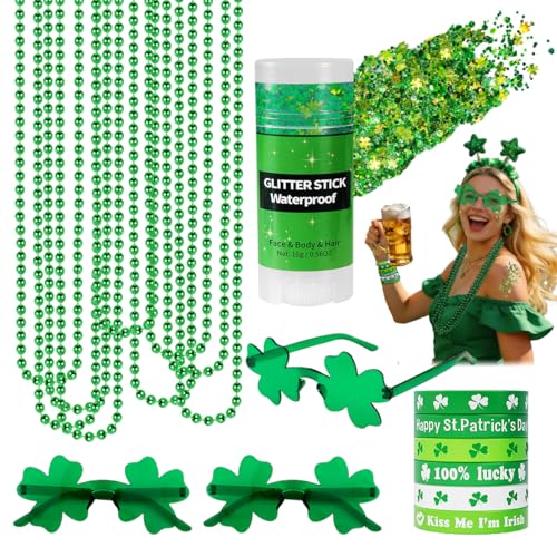 19PCS St Patricks Day Accessories Party Favor Set | Shamrock Green Face & Body Glitter Makeup Green Glasses Necklaces & Bracelets | Irish Throw Party Makeup Accessories & Dress-Up Costume Decor