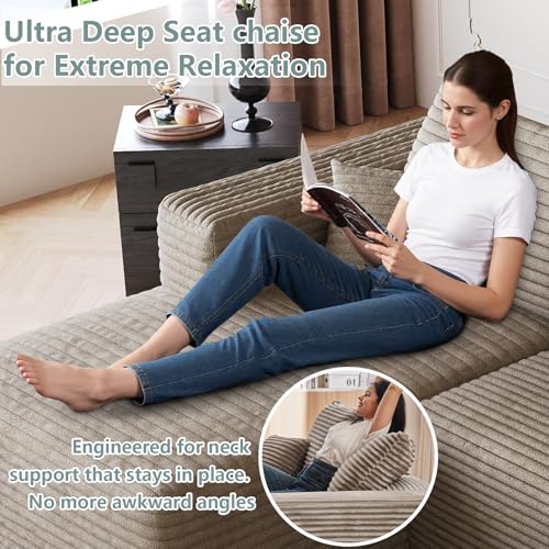 Image of 95 inch Modular Sectional Sofa, Modern Corduroy Cloud Couch with Side Pockets, Boneless Couch Upholstered 3-Seater L-Shaped Sofa for Living Room, No Assembly Required (Camel,Left-Facing Chaise)