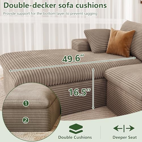 Image of 107 inch Cloud Couch Modular Sectional Sofa for Living Room, L-Shape Boneless Couch with Deep Seat, Modern Corduroy 3-Seater, No Assembly Required (Camel,Left-Facing Chaise)