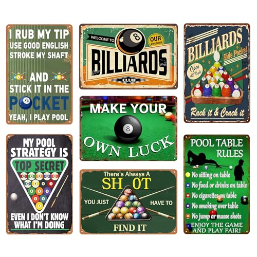 Funny Billiards Metal Tin Sign - Vintage Pool Table Accessories Billiard Room Wall Art for Game Room & Man Cave Decor Sports Bar Signs Unique Gifts for Men 8 x 12 Inch7pcs